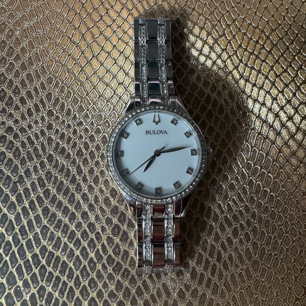 Preloved 💕Bulova Silver Watch with Crystal Accents